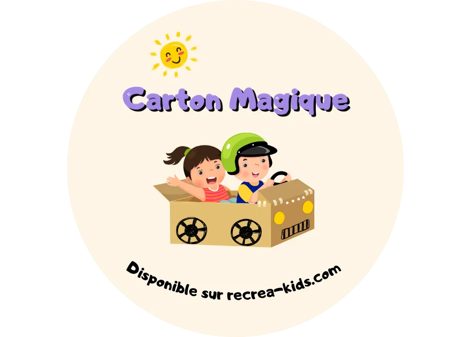 Logo Carton Magique : enfants jouant dans une voiture en carton sur recrea-kids.com.