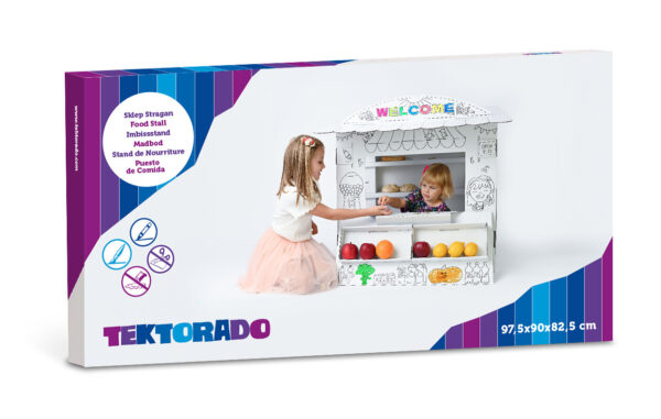 Boîte Tektorad stand de marché en carton à colorier enfant, Food Stall, dimensions 97,5x90x82,5 cm, jeu de rôle épicerie DIY.