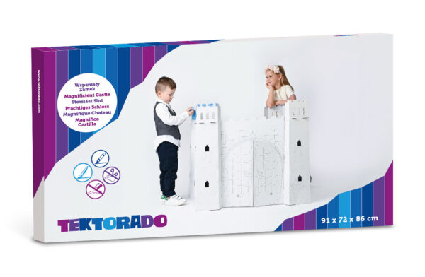 Boîte Tektorad château fort en carton à colorier, aire de jeu enfants, dimensions 91x72x86 cm, loisir créatif médiéval.