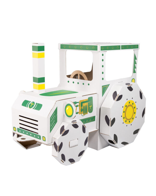Tracteur en carton à colorier DIY pour enfant, jouet véhicule agricole, cabine avec volant, cheminée verte et jaune.