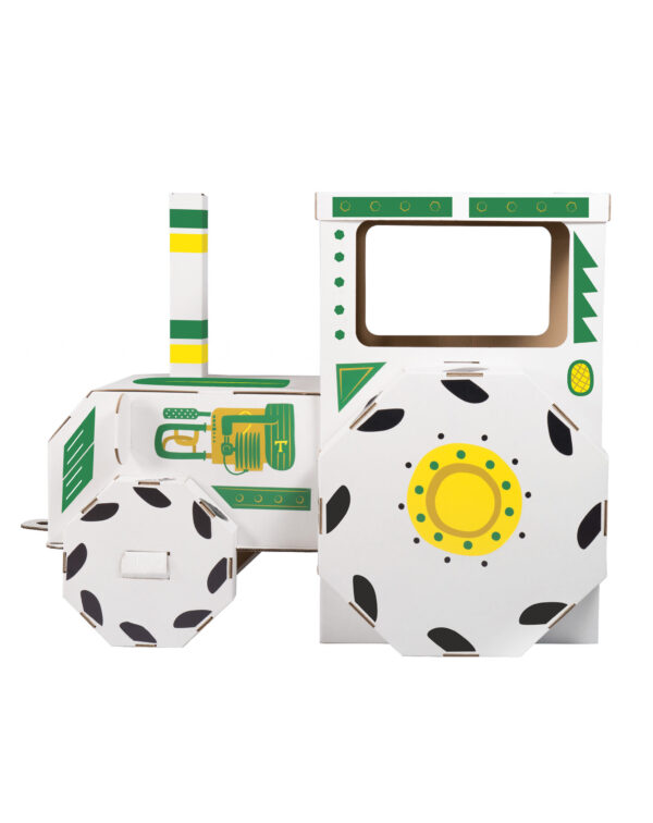 Tracteur en carton à colorier DIY, jouet agricole vert/jaune, cabine, roues texturées, cheminée, activité créative enfant.