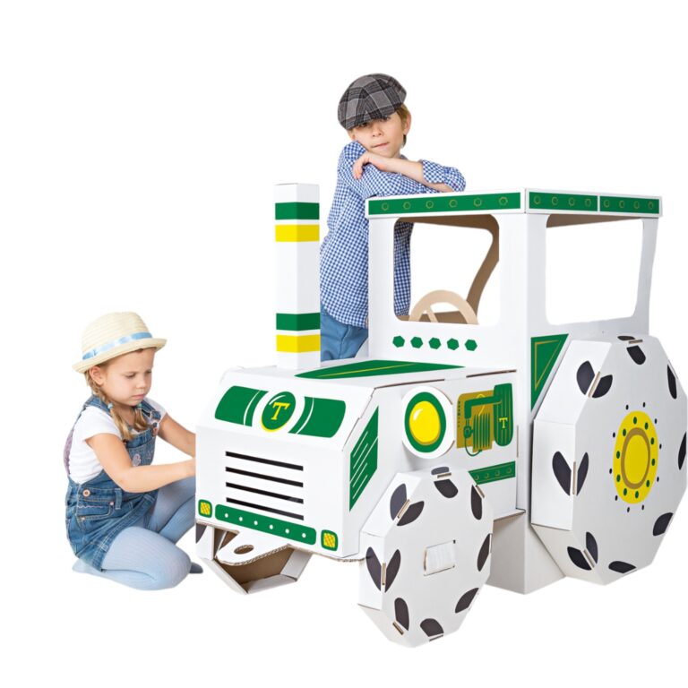 Fusée en carton à colorier enfant DIY, jeu créatif spatial avec porte et ailerons, motifs astronaute et extraterrestre.