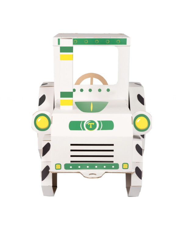 Façade tracteur en carton à colorier enfant, cabine avec volant, phares jaunes, jeu de rôle véhicule agricole DIY créatif.