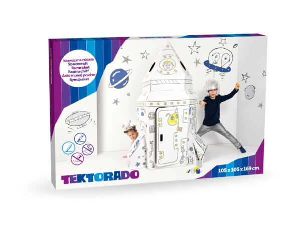 Boîte de jeu Tektorad, fusée en carton à colorier pour enfant, maisonnette spatiale, loisir créatif DIY dimensions 105x169 cm.