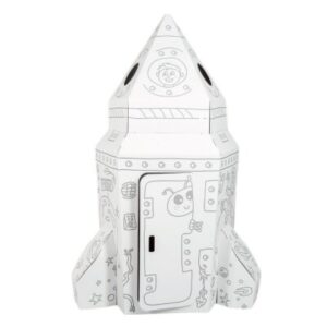 Fusée en carton à colorier enfant DIY, jeu créatif pour peindre et décorer, loisir éducatif spatial.