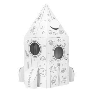 Fusée en carton à colorier pour enfant, motifs spatiaux, planètes et hublots, jouet cabane DIY créatif pour l'espace.
