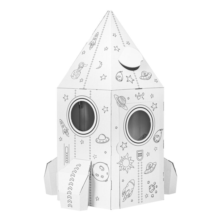 Fusée en carton à colorier pour enfant, motifs spatiaux, planètes et hublots, jouet cabane DIY créatif pour l'espace.