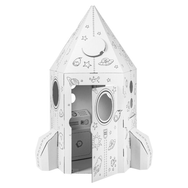 Fusée en carton à colorier pour enfant avec porte ouverte, intérieur du cockpit, jouet créatif cabane spatiale DIY éducatif.