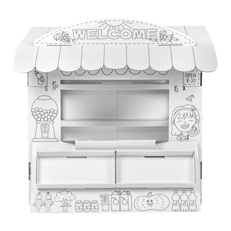 Stand de marché en carton à colorier enfant, magasin DIY jeu de rôle, dessins de fruits et légumes, jouet éducatif créatif.