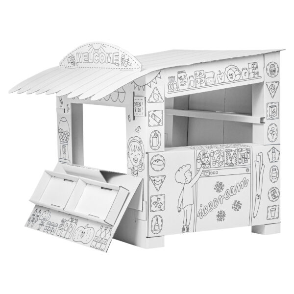Stand de marché en carton à colorier enfant, épicerie/glacier DIY, dessins de fruits, légumes et glaces, jeu de rôle éducatif créatif.