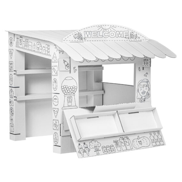 Stand de marché en carton à colorier enfant, magasin jeu de rôle DIY avec étagères et auvent, activité créative et ludique.