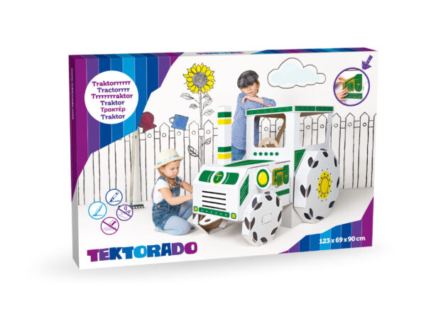 Tracteur en carton à colorier DIY, jouet agricole vert/jaune, cabine avec volant, roues texturées, cheminée, activité créative.