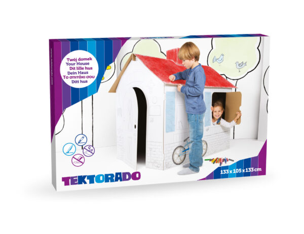 Boîte Tektorad maison en carton à colorier pour enfant, cabane de jeu DIY, dimensions 133x105x133 cm, loisir créatif.