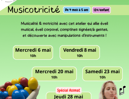 Atelier Musicotricité à Saint-Maximin pour enfants de 4 mois à 5 ans par La Bande à Jenn. Éveil musical et motricité en mai.