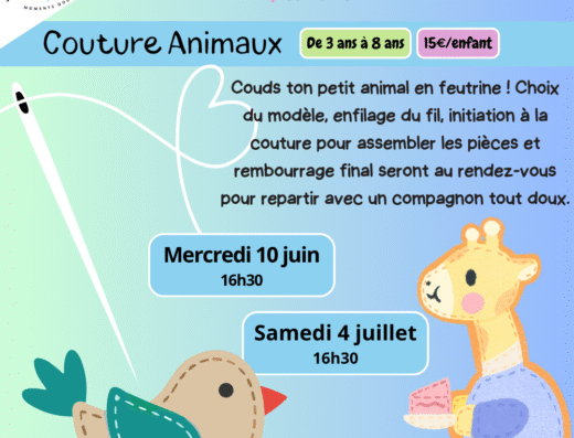 Atelier couture enfants à Saint-Maximin : création d'animaux en feutrine par La Bande à Jenn.