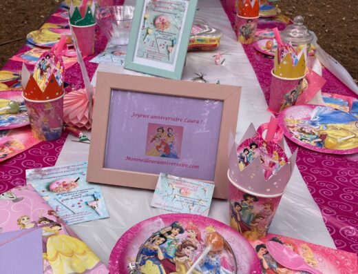 Décoration de table anniversaire thème Princesses Disney avec assiettes, gobelets roses et diadème pour une fête d'enfants en extérieur.